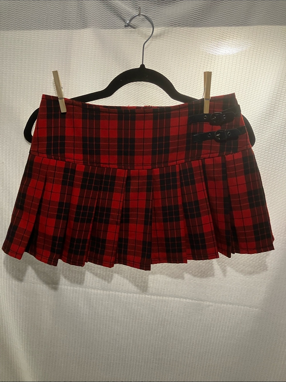 Abbey Dawn Red and Black Plaid Pleated Mini Skirt with Buckles